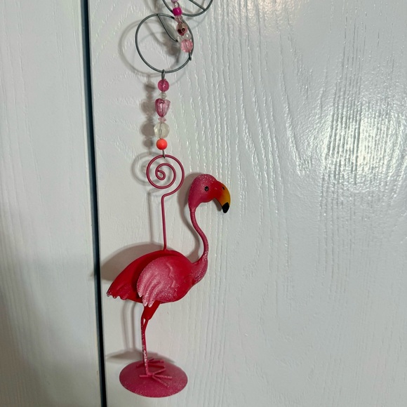 Handmade flamingo mobile. Metal pink flamingo hangs from metal and bead hanger - Picture 1 of 9
